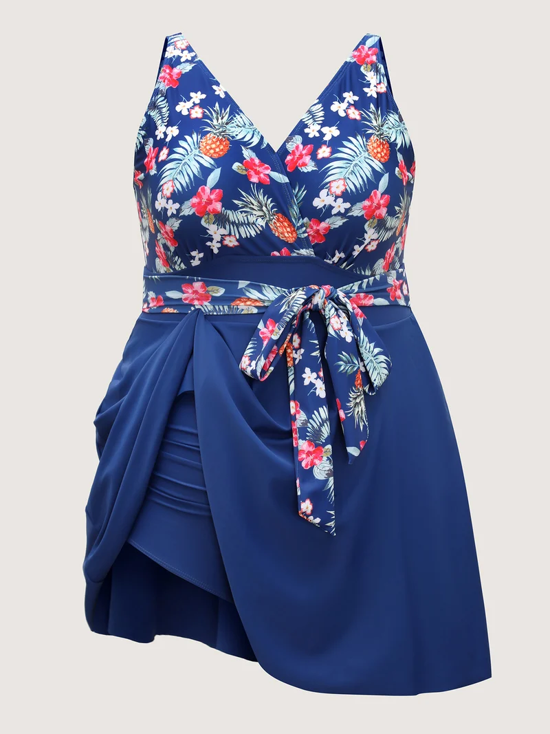 Tropical Floral Print Waist-Tie Swim Dress