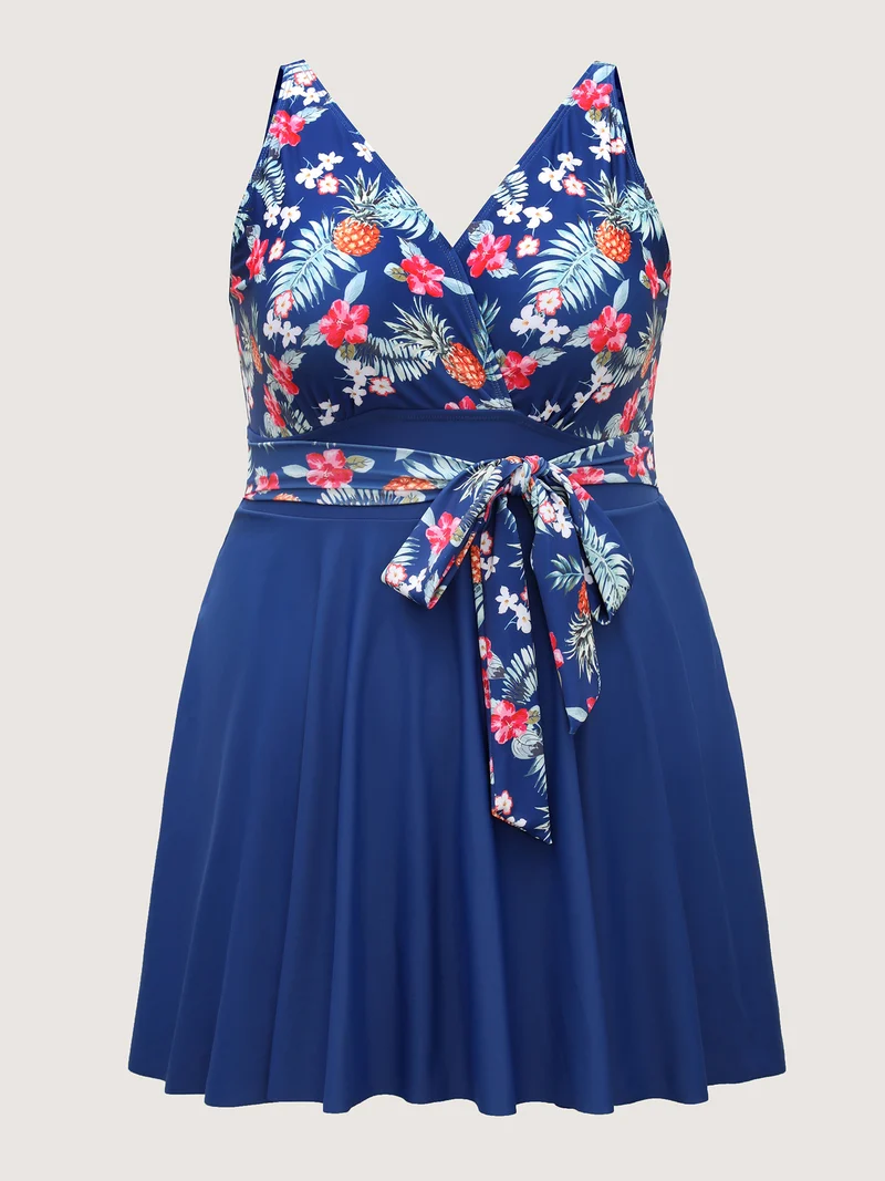 Tropical Floral Print Waist-Tie Swim Dress