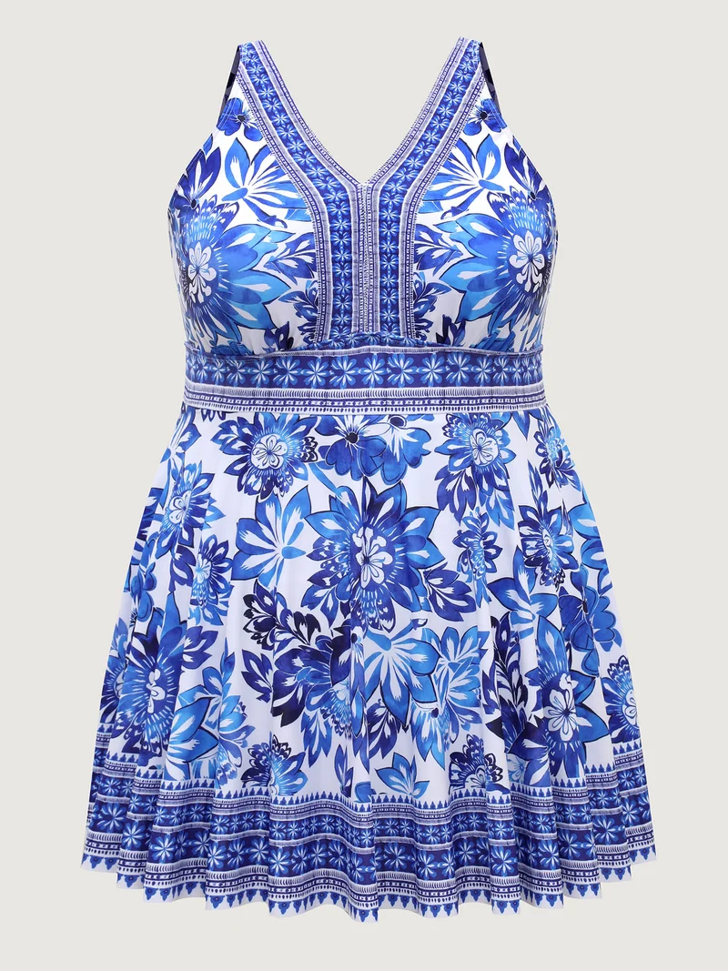 Large Floral Print V-Neck Swim Dress