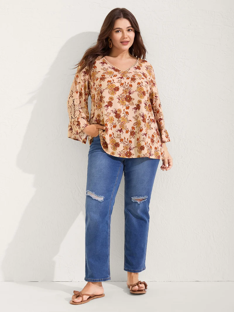 Floral Print Lace V-Neck Blouse