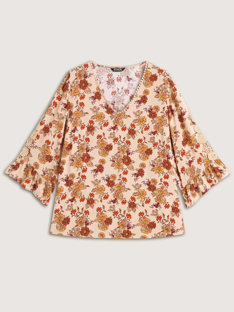 Floral Print Lace V-Neck Blouse
