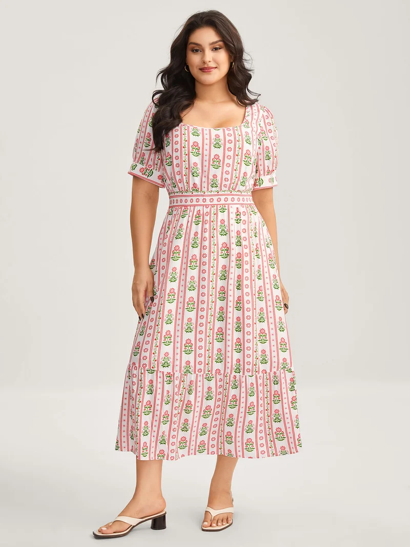 Floral Stripe Shirred Waist Midi Dress