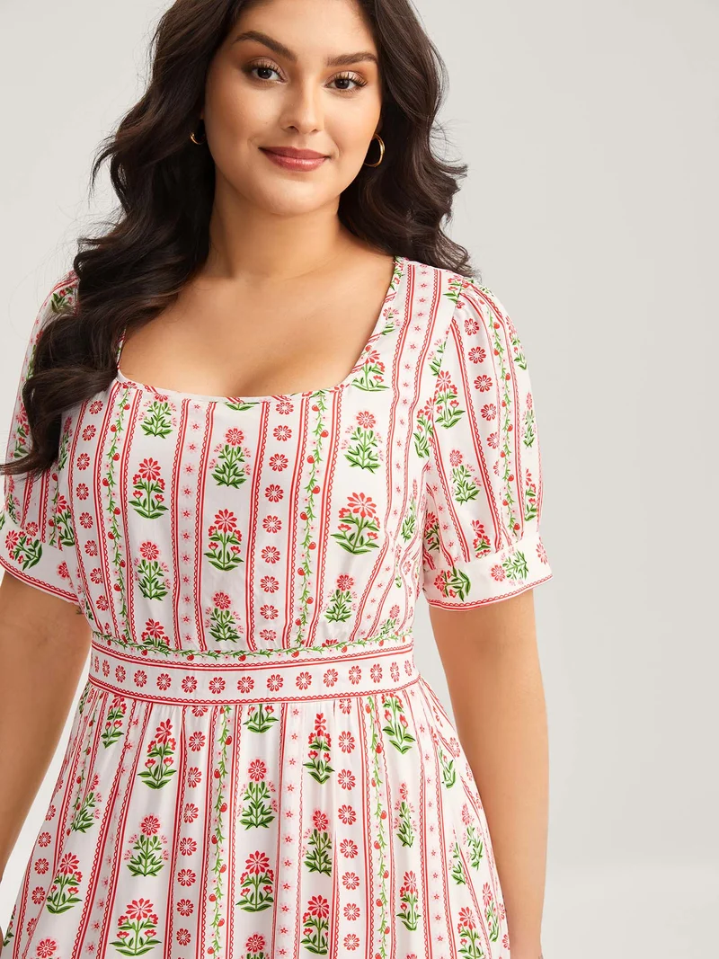 Floral Stripe Shirred Waist Midi Dress