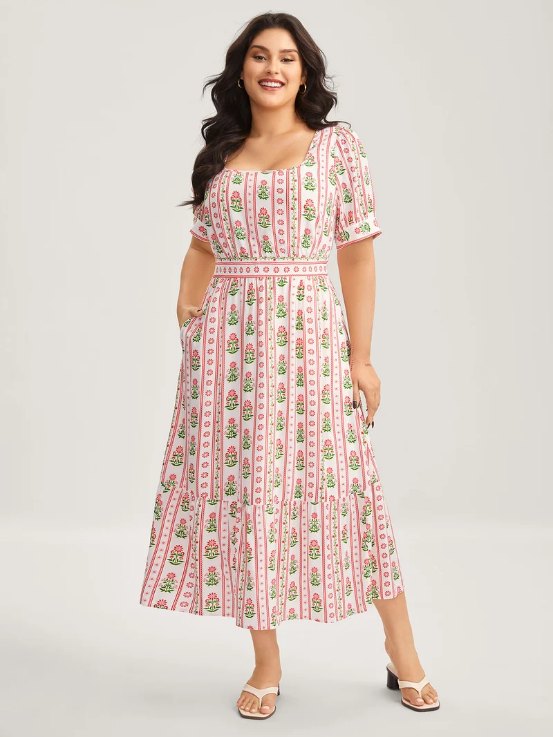 Floral Stripe Shirred Waist Midi Dress