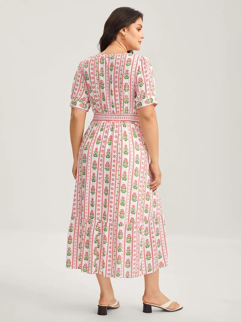 Floral Stripe Shirred Waist Midi Dress