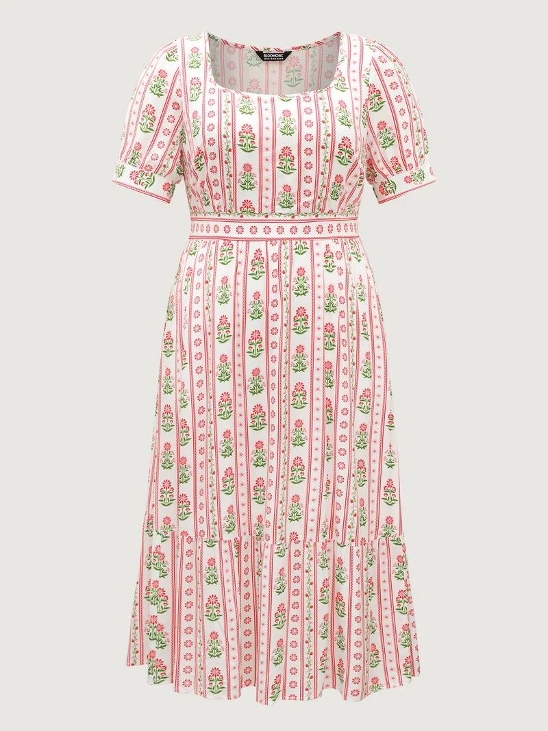 Floral Stripe Shirred Waist Midi Dress