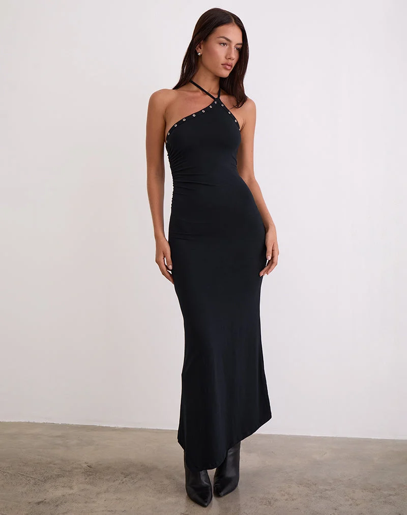 Ishikawa - Robe longue asymétrique avec œillets en noir