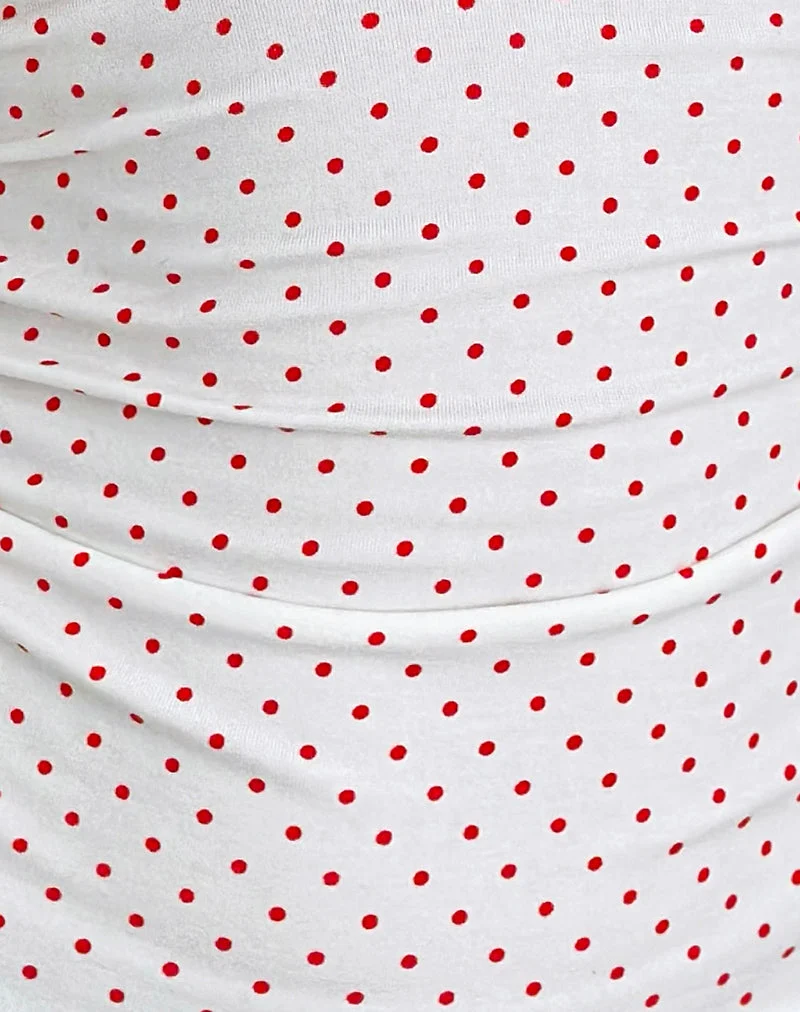 Lycia Plunge Top in White with Red Micro Polka Print