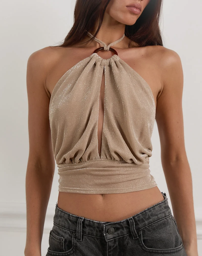 Karise Plunge Top in Glitter Lurex Mesh Cream
