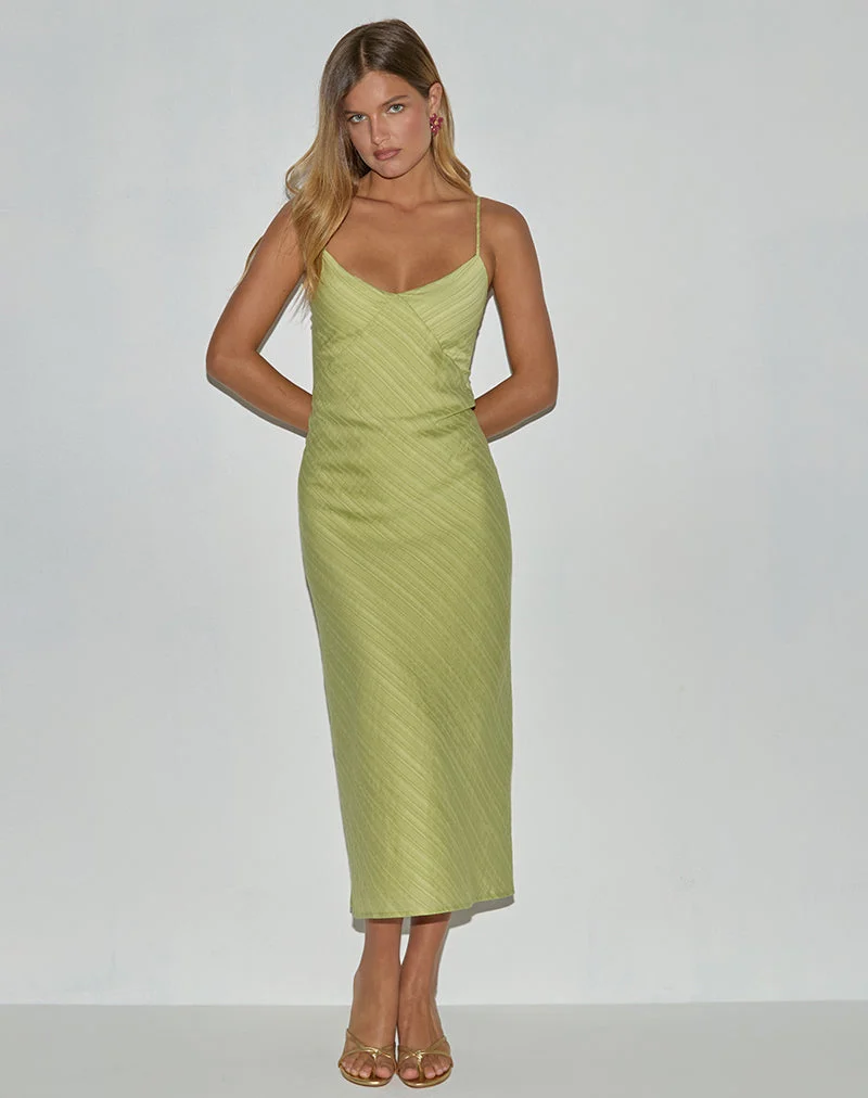 Elayna Midi Dress in Chiffon Stripe Green (Robe midi en mousseline de soie rayée)