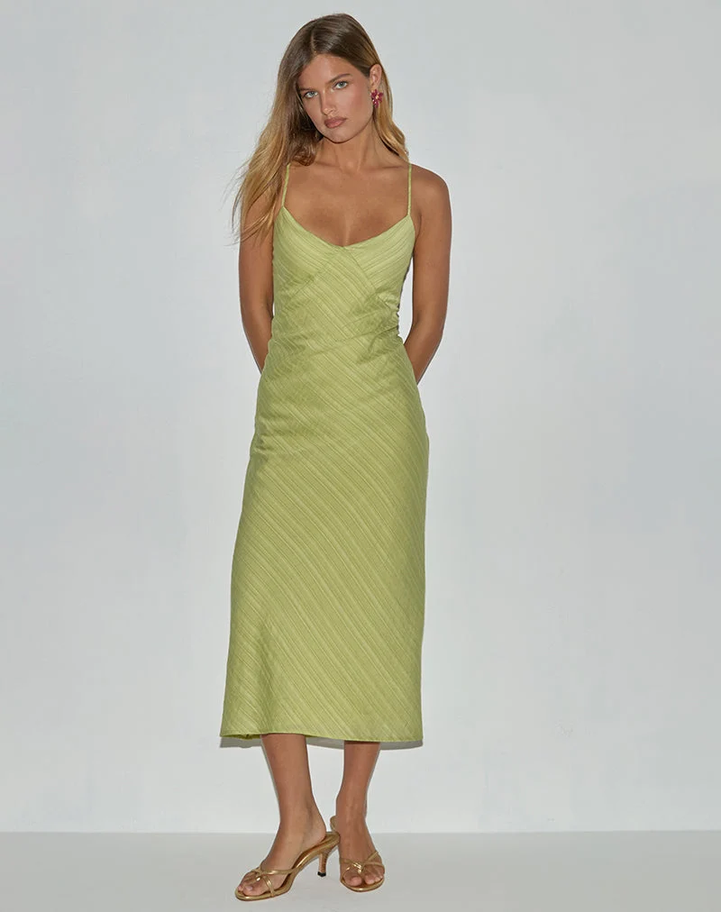 Elayna Midi Dress in Chiffon Stripe Green (Robe midi en mousseline de soie rayée)