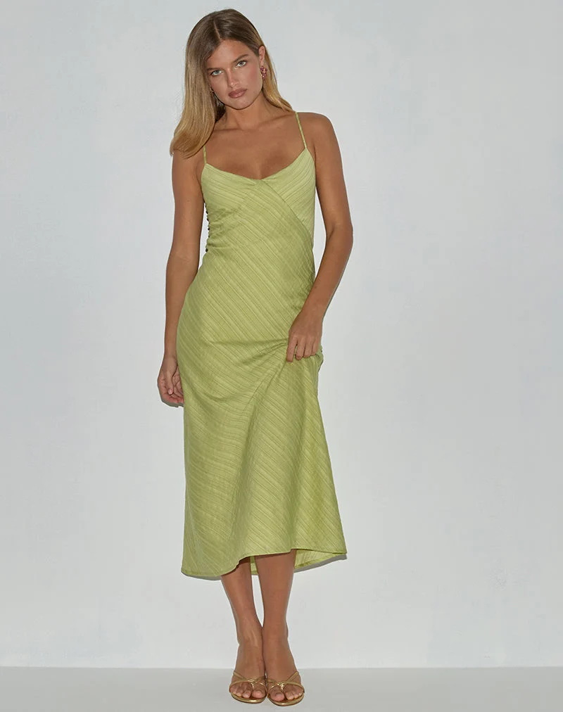 Elayna Midi Dress in Chiffon Stripe Green (Robe midi en mousseline de soie rayée)