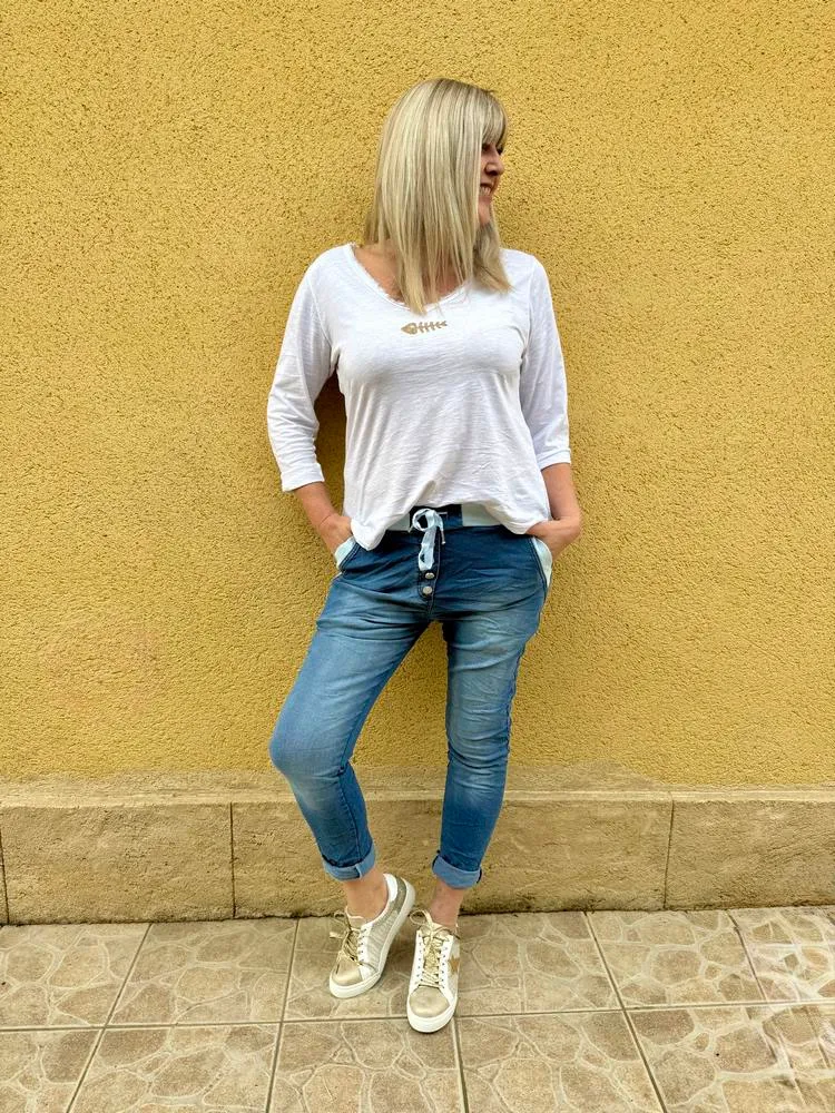 Jogg en jean boutons Strass
