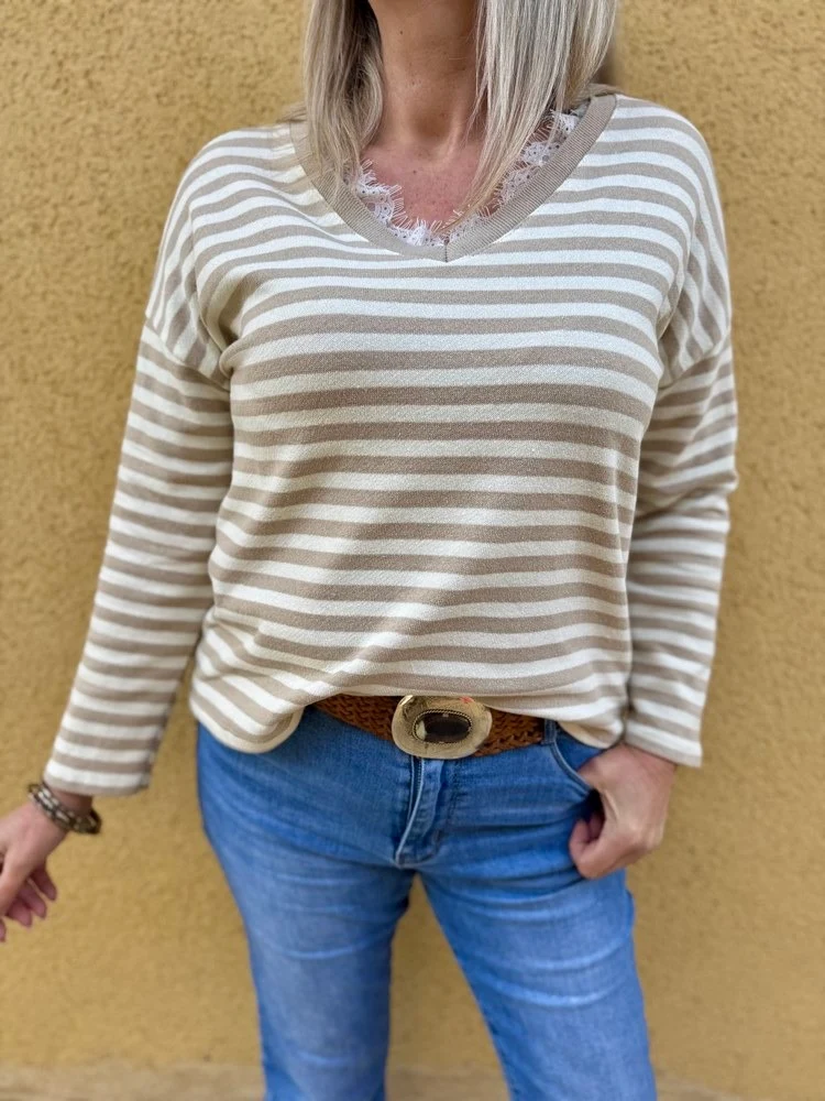 Sweat rayé Théo beige