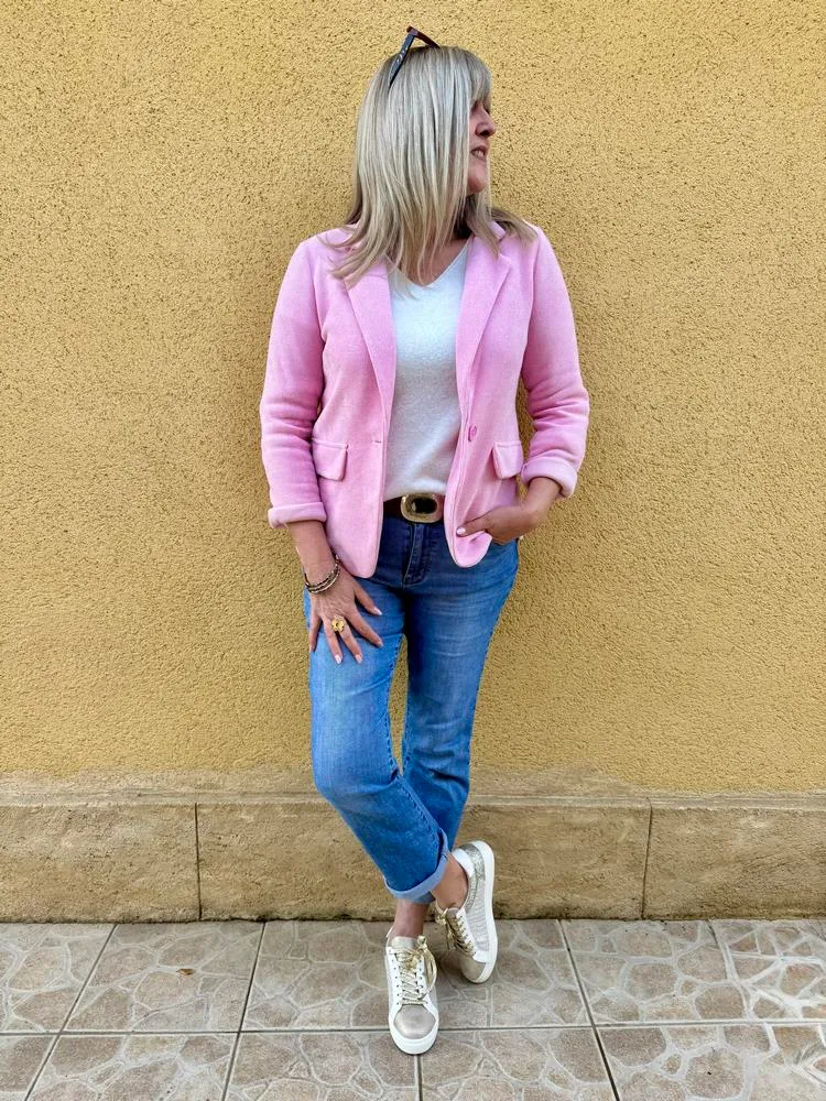 Veste tailleur en velours Sandra rose acidulé