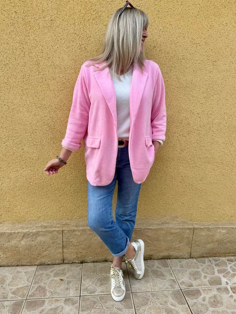 Veste tailleur en velours Sandra + rose acidulé