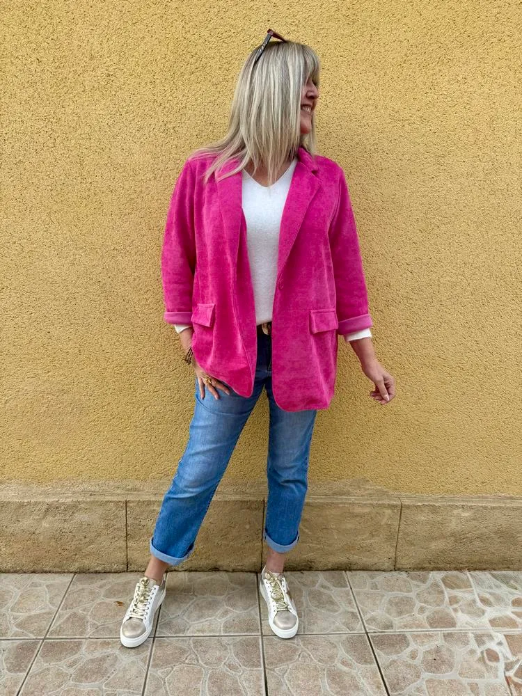 Veste tailleur en velours Sandra + fuchsia