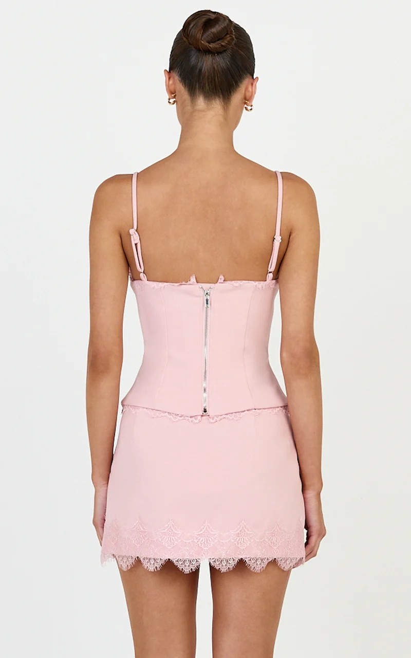 Primrose Top - Fitted Balconette Lace Trim Bodice Top in Pink
