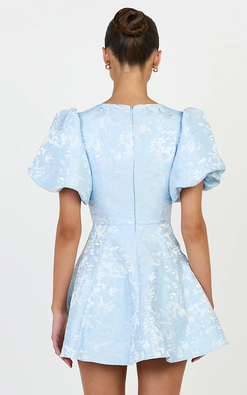 Rosalie Mini Dress - Floral Jacquard V Neck Fit and Flare Dress in Blue