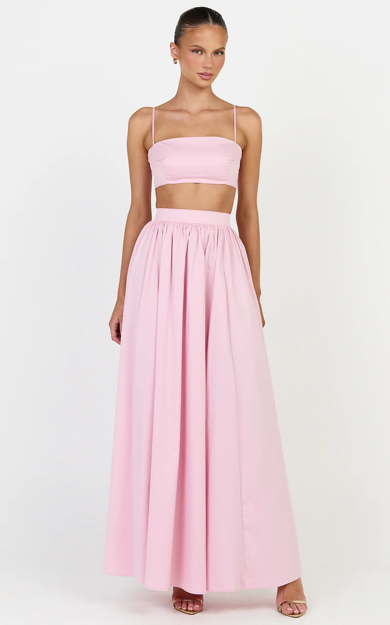 Tegan Two Piece Set - Straight Neck Micro Crop Top and A Line Maxi Skirt Set in Baby Pink
