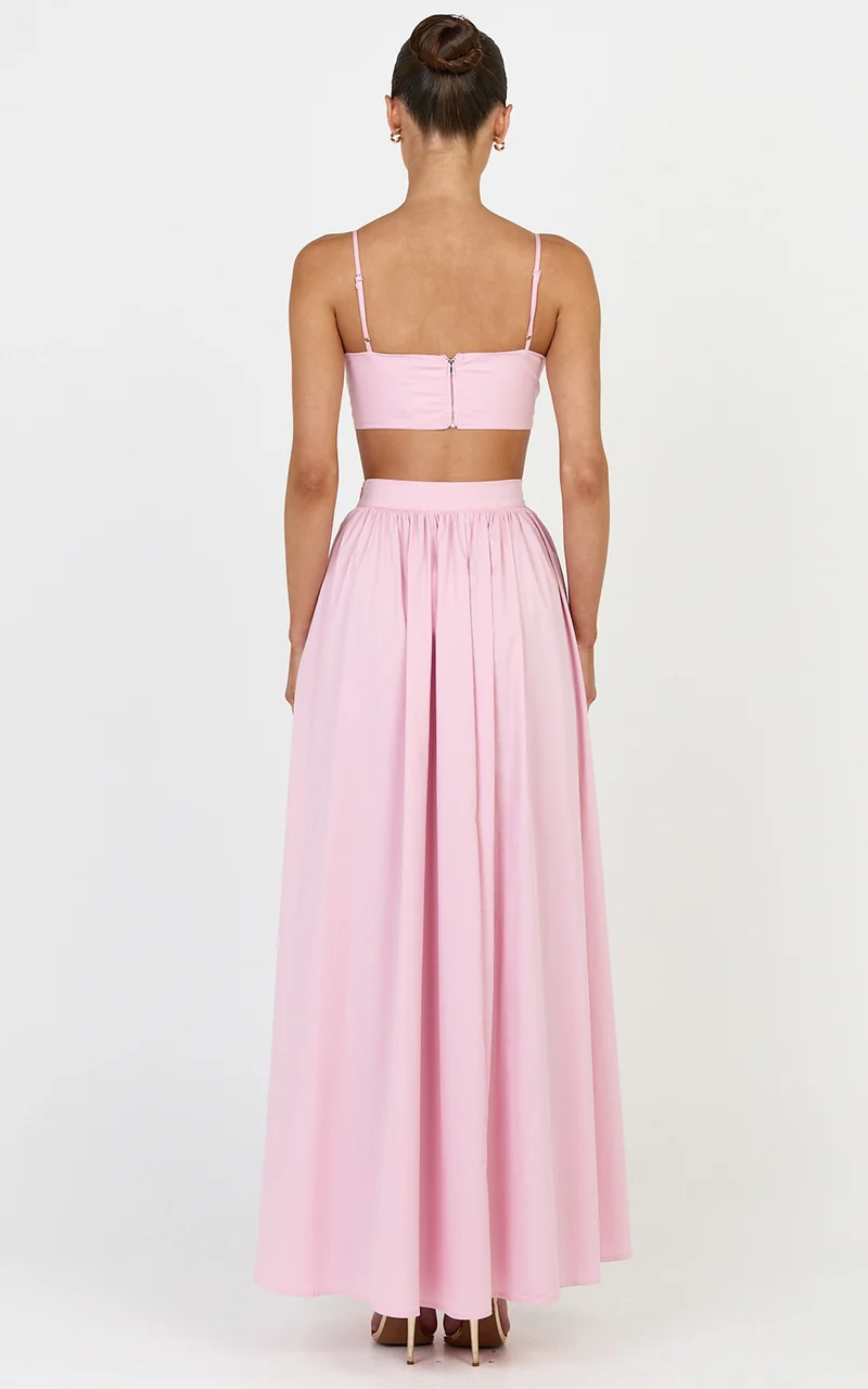 Tegan Two Piece Set - Straight Neck Micro Crop Top and A Line Maxi Skirt Set in Baby Pink