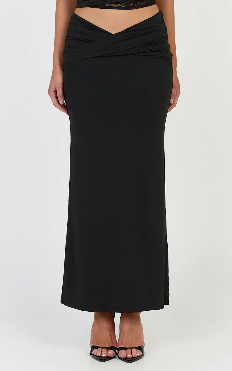 Sienne Maxi Skirt - Front Twist Overlay Skirt in Black