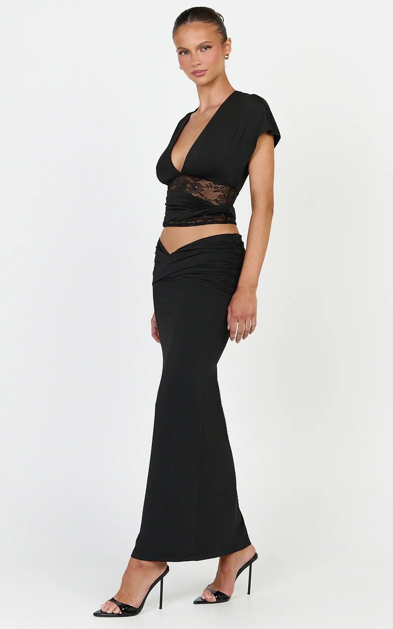 Sienne Maxi Skirt - Front Twist Overlay Skirt in Black