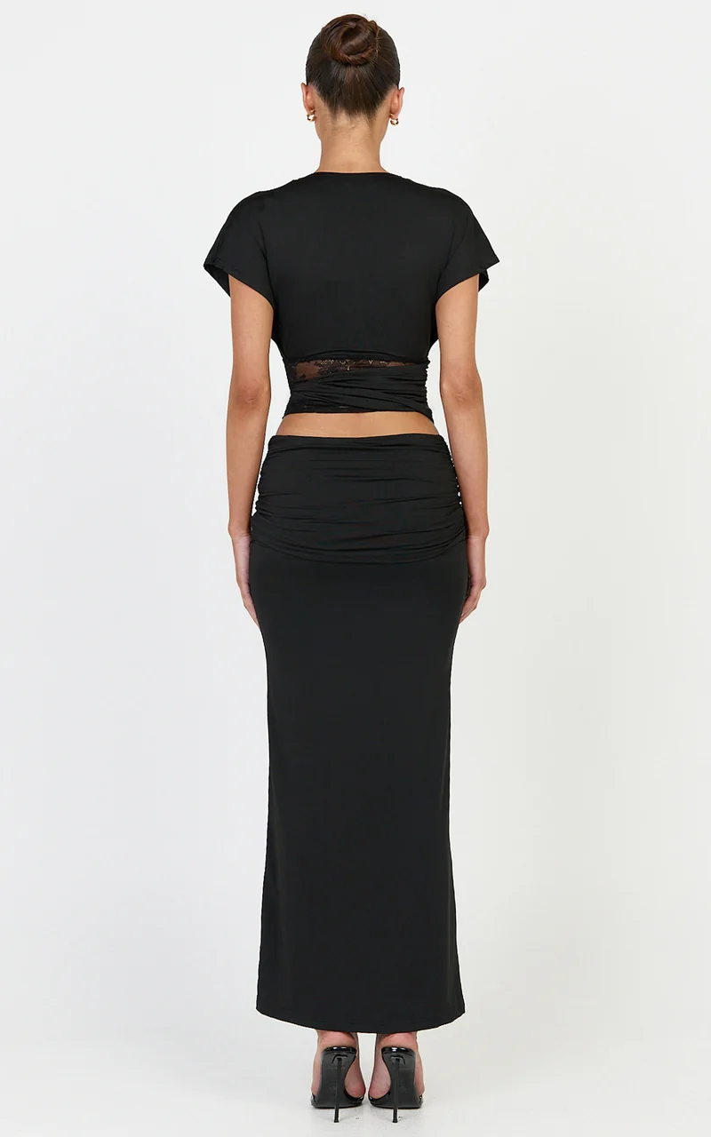 Sienne Maxi Skirt - Front Twist Overlay Skirt in Black