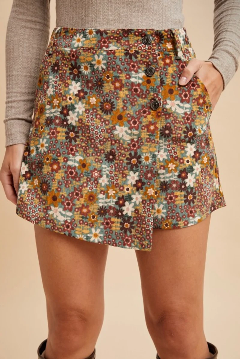 FLORAL CORDUROY WRAP SKORT
