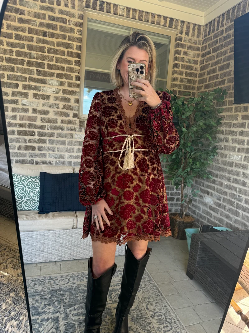 VELVET EMBROIDERED LACE DRESS