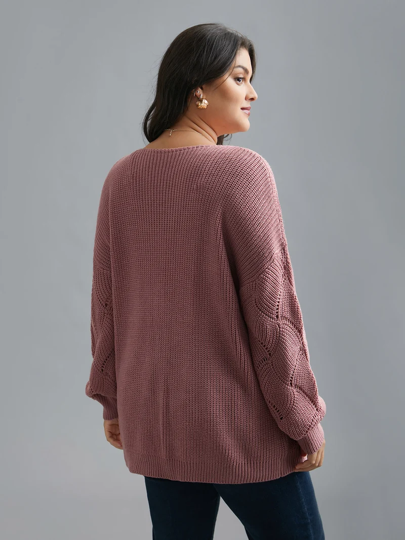 V Neck Cut-Out Pattern Textured Pullover