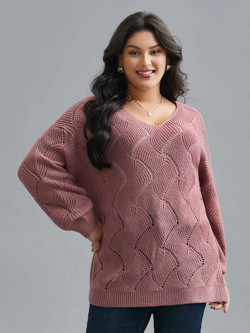 V Neck Cut-Out Pattern Textured Pullover