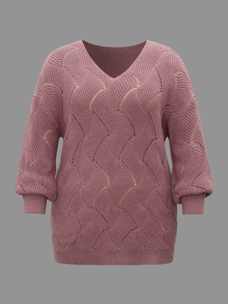 V Neck Cut-Out Pattern Textured Pullover