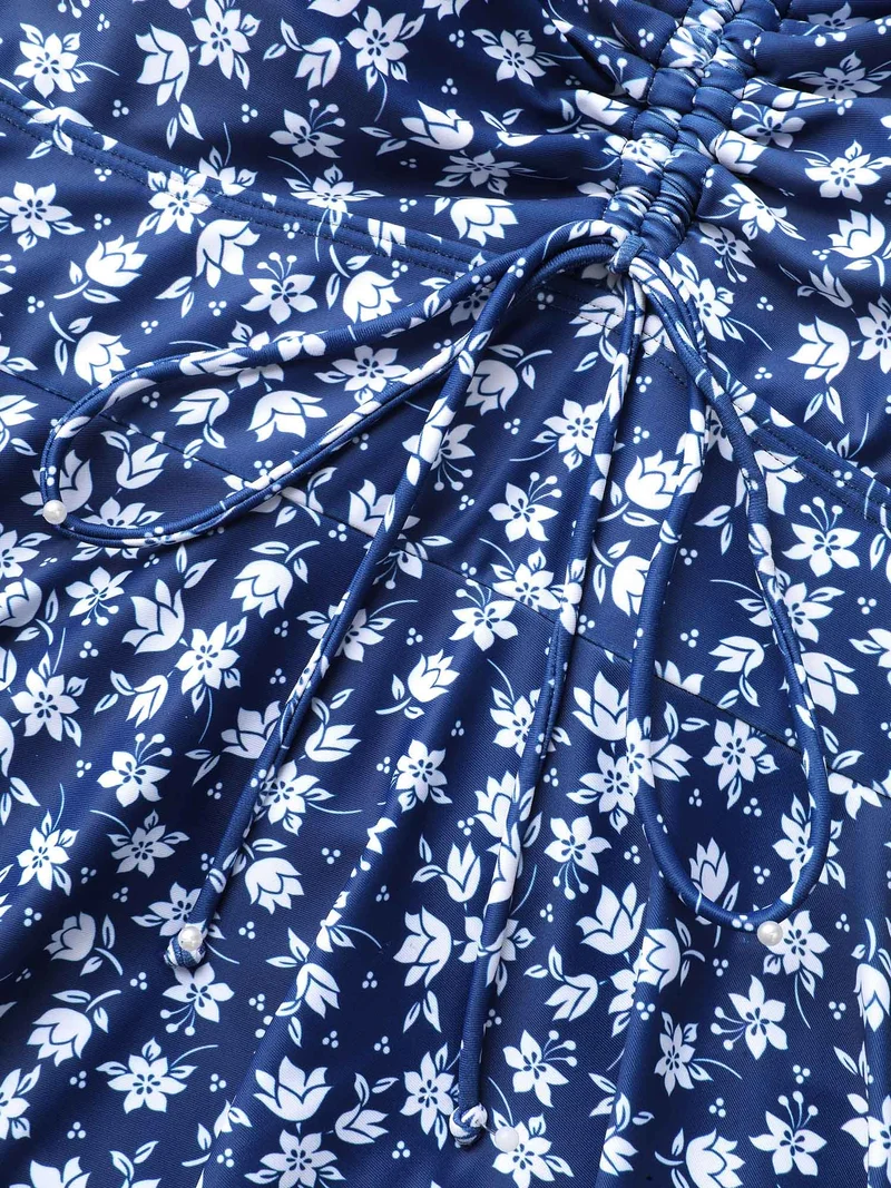 Off-Shoulder Ruched Drawstring Swim Dress