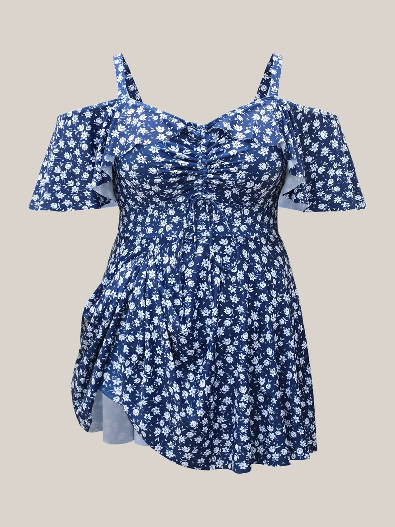 Off-Shoulder Ruched Drawstring Swim Dress