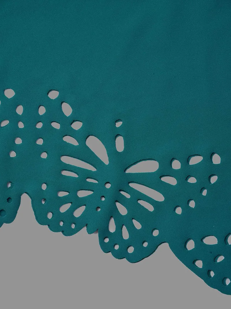 Laser Cut Overlap Collar Waist-Cinched Swim Dress