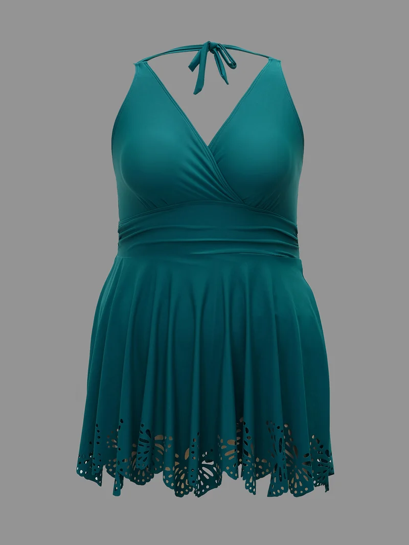 Laser Cut Overlap Collar Waist-Cinched Swim Dress