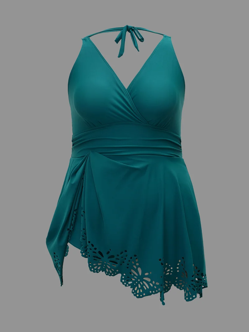 Laser Cut Overlap Collar Waist-Cinched Swim Dress