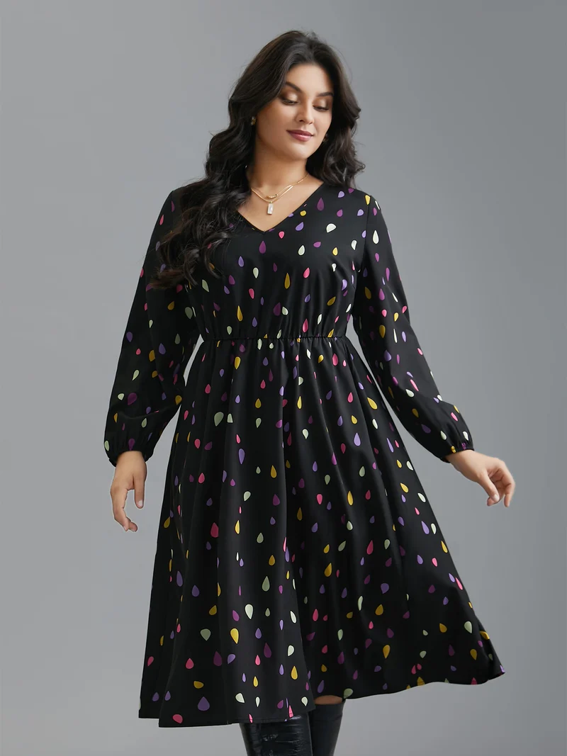 V Neck Color Contrast Lantern Sleeve Dress