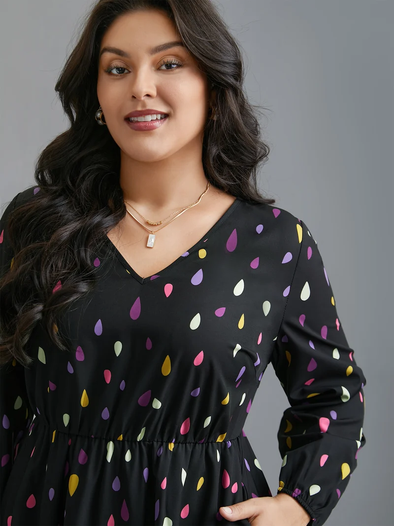 V Neck Color Contrast Lantern Sleeve Dress