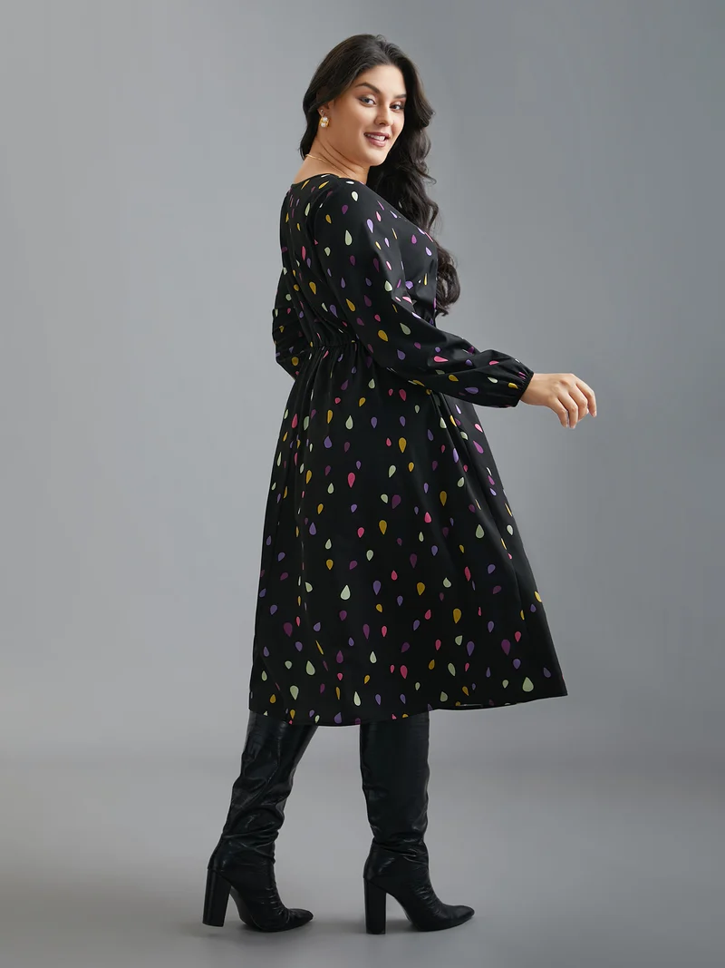 V Neck Color Contrast Lantern Sleeve Dress