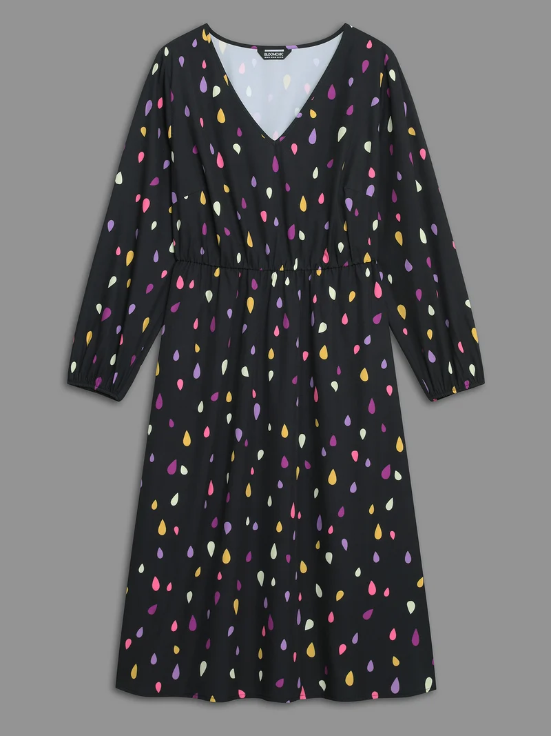 V Neck Color Contrast Lantern Sleeve Dress