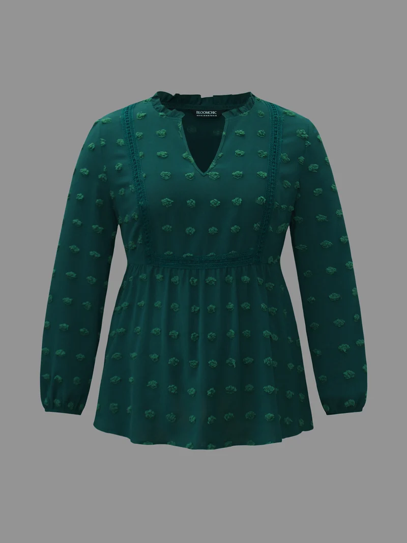 Notched Collar Ruffle Trim Textured Blouse
