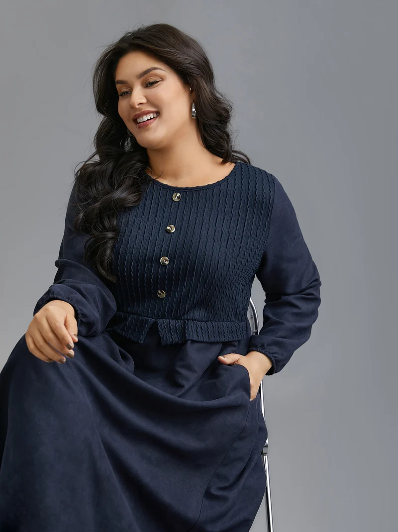 Textured Button Detail Lantern Sleeve Dress