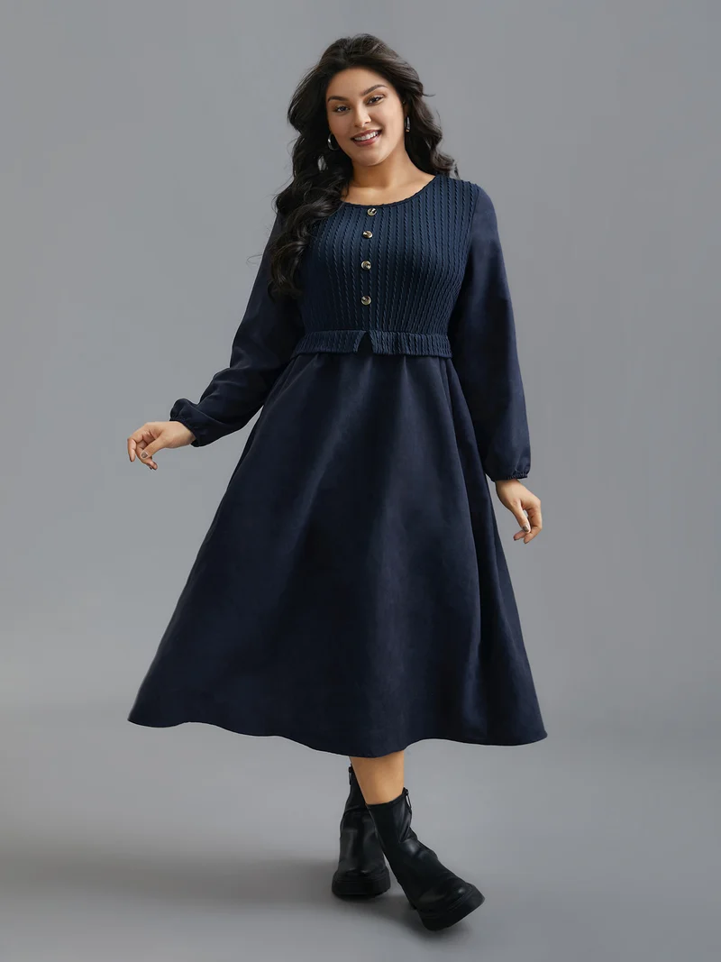 Textured Button Detail Lantern Sleeve Dress