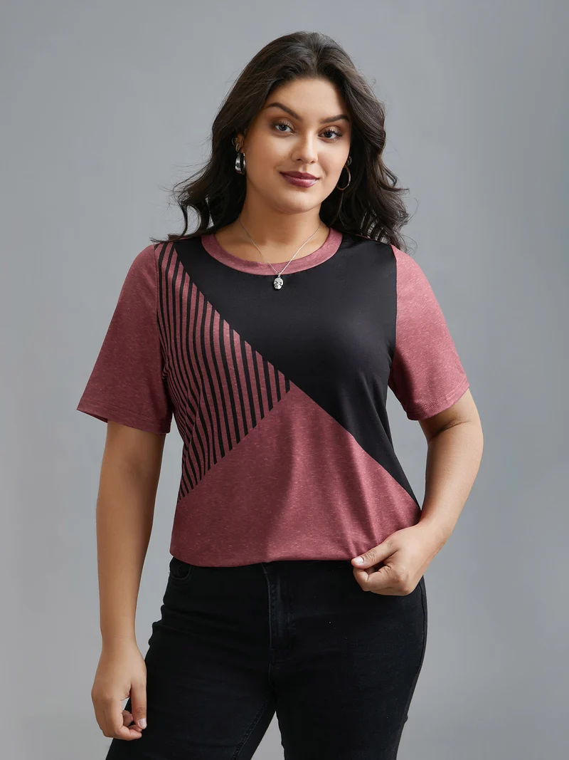 Striped Print Contrast Stretchy T-Shirt