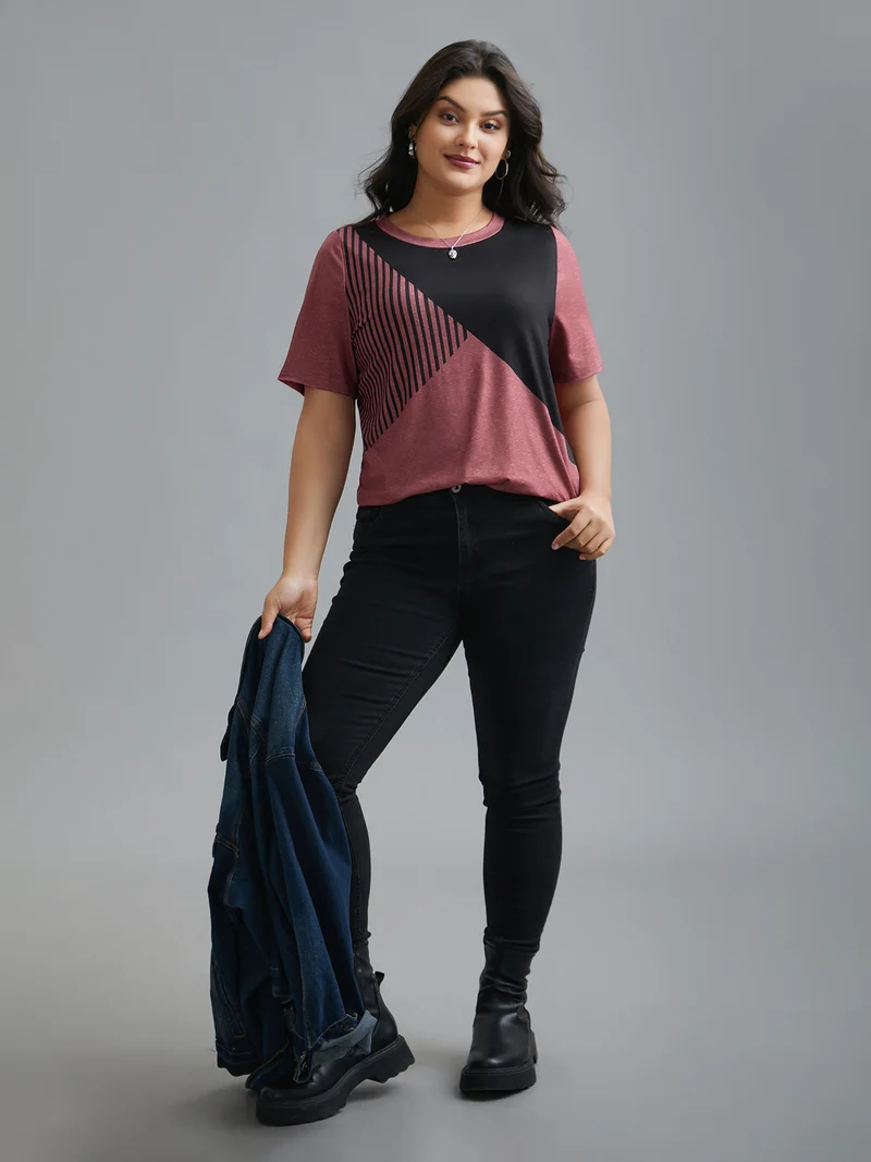 Striped Print Contrast Stretchy T-Shirt