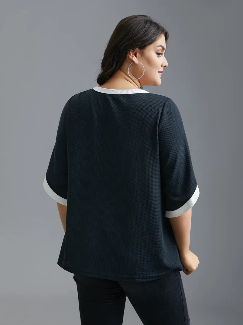 Color Contrast Waffle Knit Bell Sleeve T-Shirt