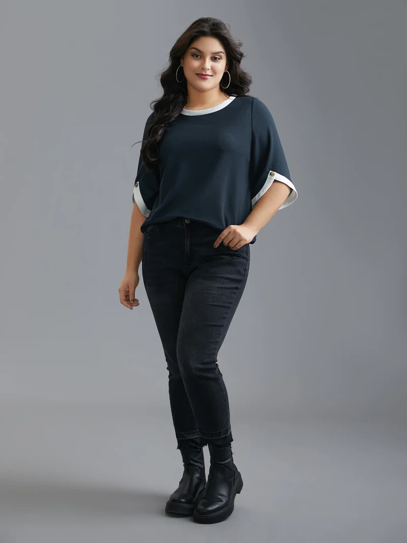 Color Contrast Waffle Knit Bell Sleeve T-Shirt