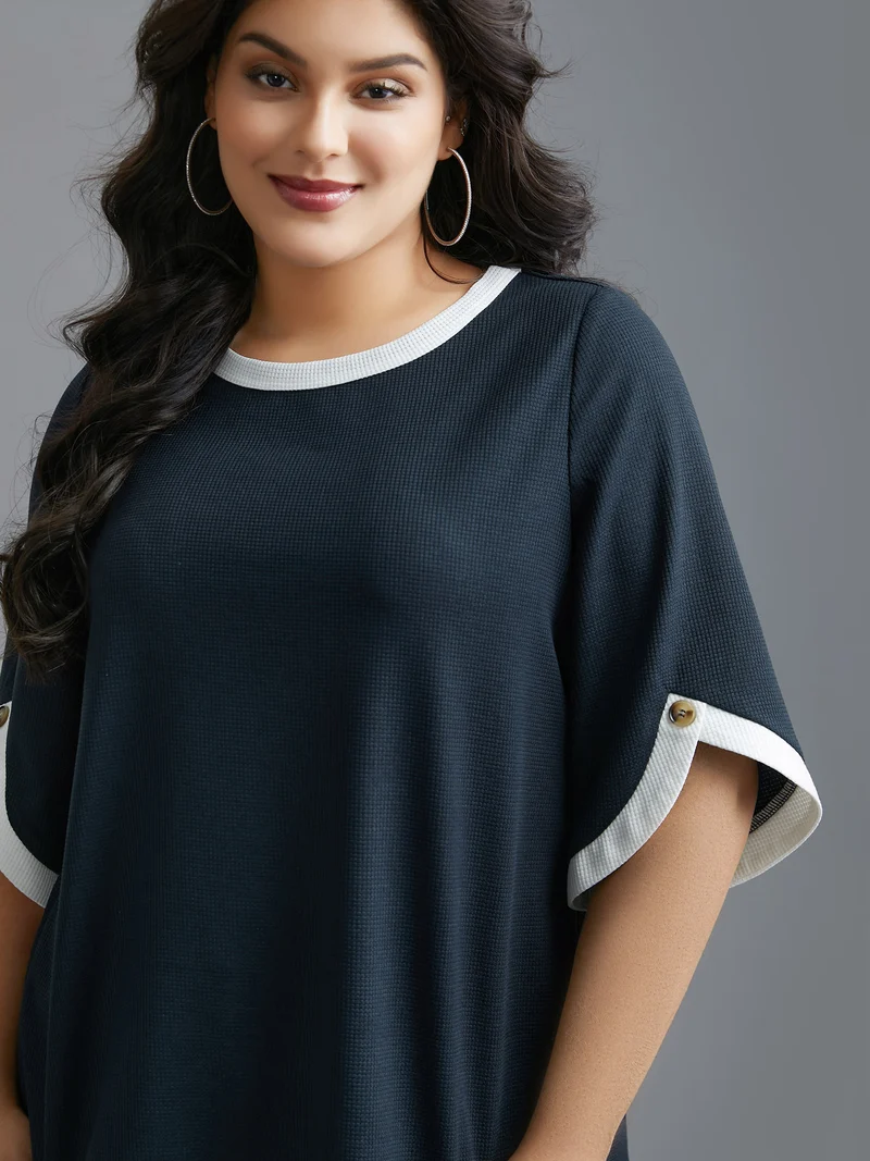 Color Contrast Waffle Knit Bell Sleeve T-Shirt